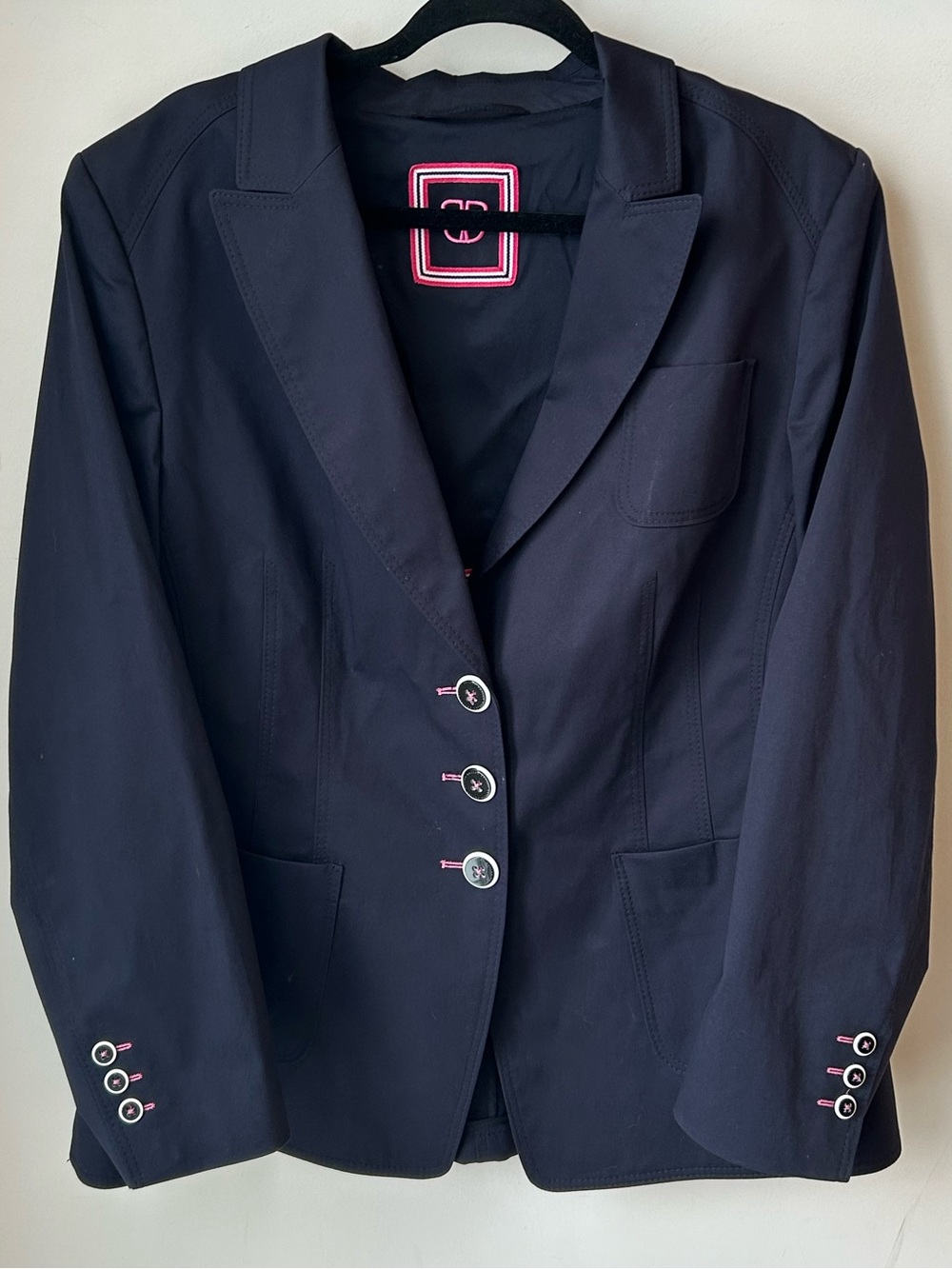 Basler Navy Blue Blazer Pink Stitching Designer Equestrian Preppy Quiet Luxury